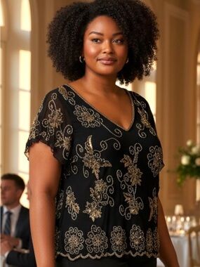 Adrianna Papell Black V-Neck Blouse with Gold Embroidery